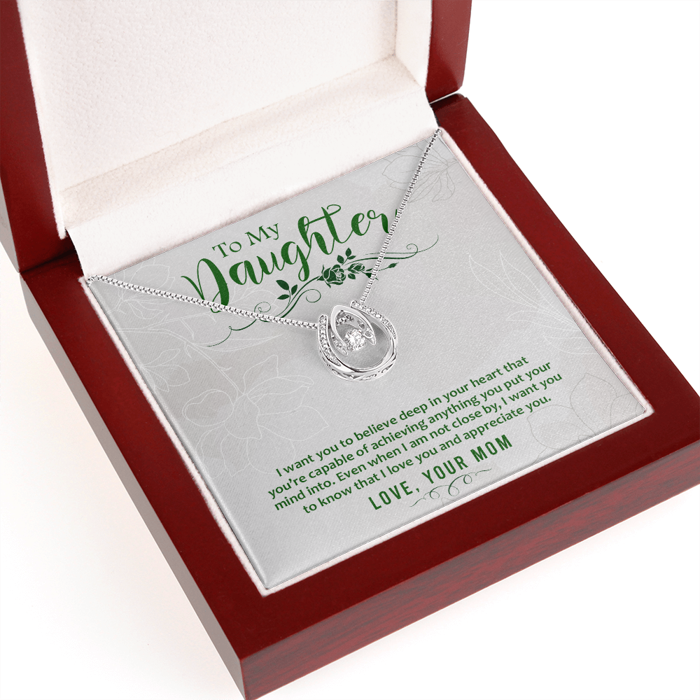To my daughter-I want you to believe Lucky Horseshoe Necklace Message Card 14k w CZ Crystals-Express Your Love Gifts