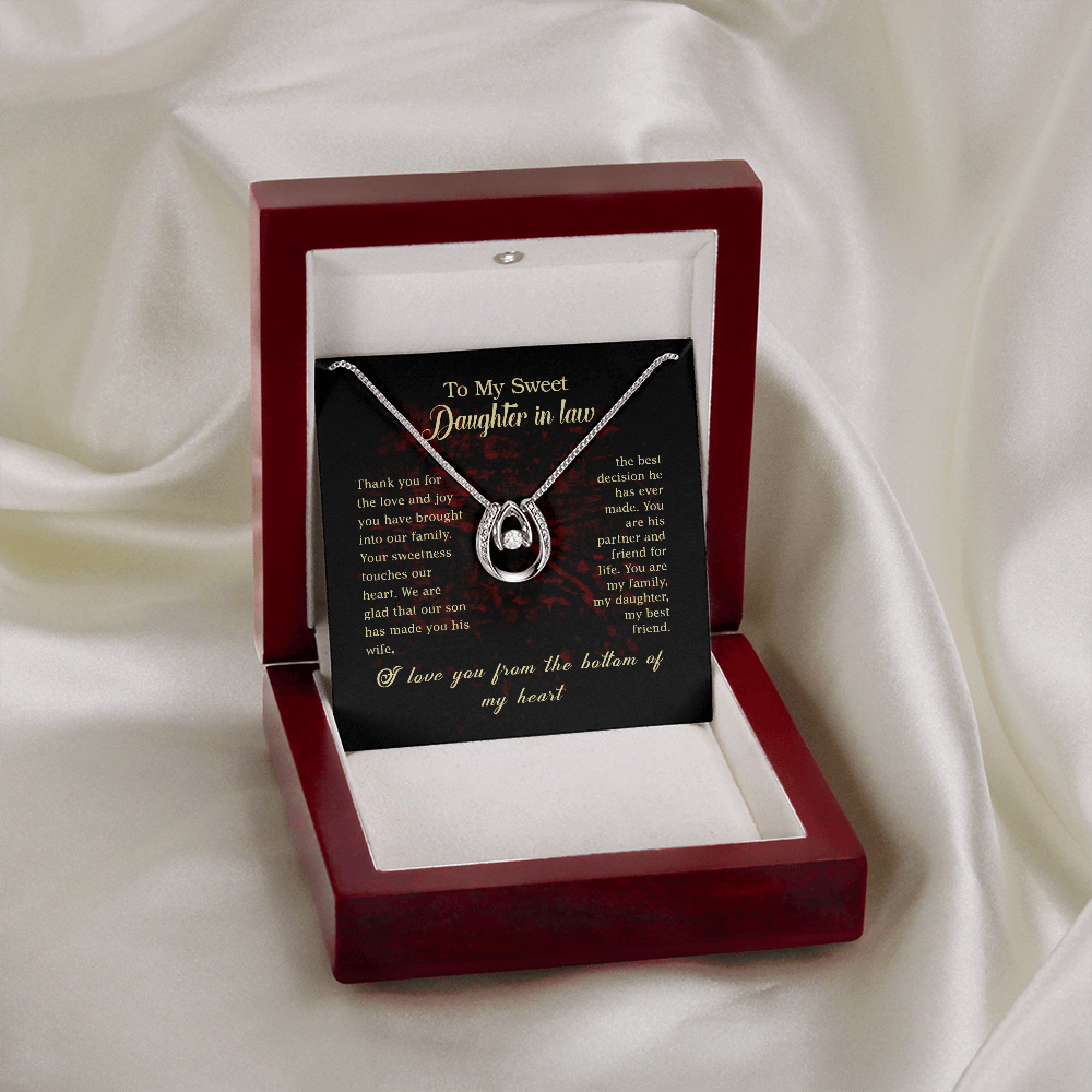 To my Daughter In Law Lucky Horseshoe Necklace Message Card 14k w CZ Crystals-Express Your Love Gifts