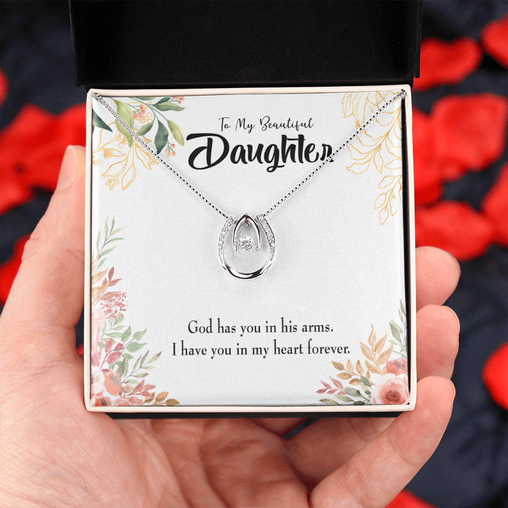 To My Daughter In my Heart Forever Lucky Horseshoe Necklace Message Card 14k w CZ Crystals-Express Your Love Gifts