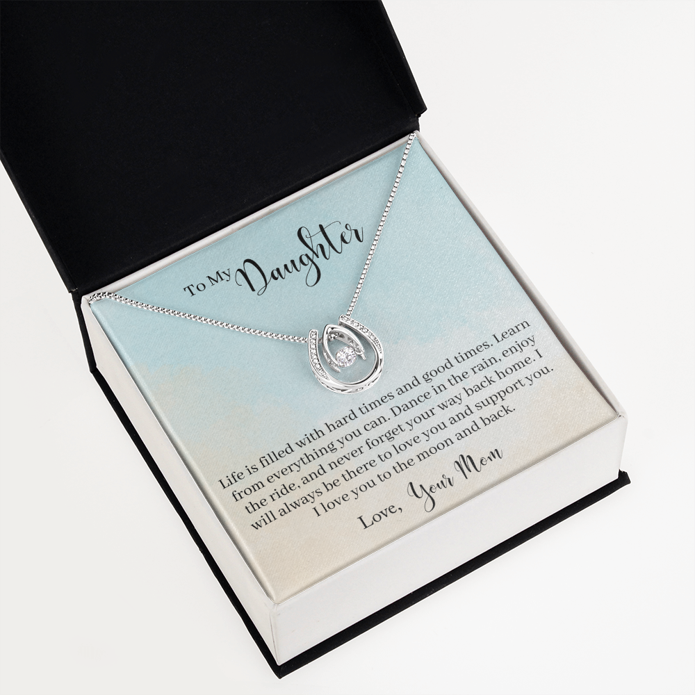 To My Daughter - Learn From Everything Lucky Horseshoe Necklace Message Card 14k w CZ Crystals-Express Your Love Gifts