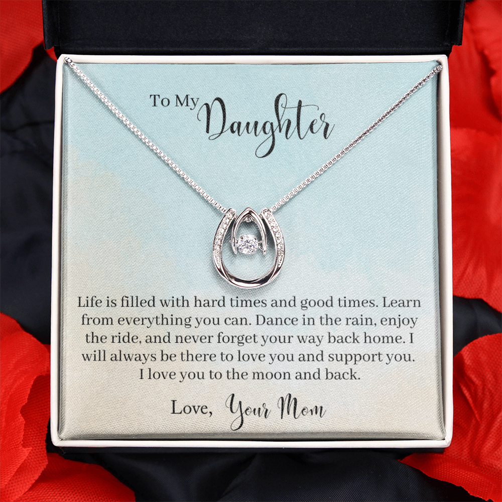 To My Daughter - Learn From Everything Lucky Horseshoe Necklace Message Card 14k w CZ Crystals-Express Your Love Gifts
