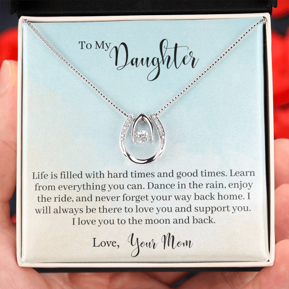To My Daughter - Learn From Everything Lucky Horseshoe Necklace Message Card 14k w CZ Crystals-Express Your Love Gifts