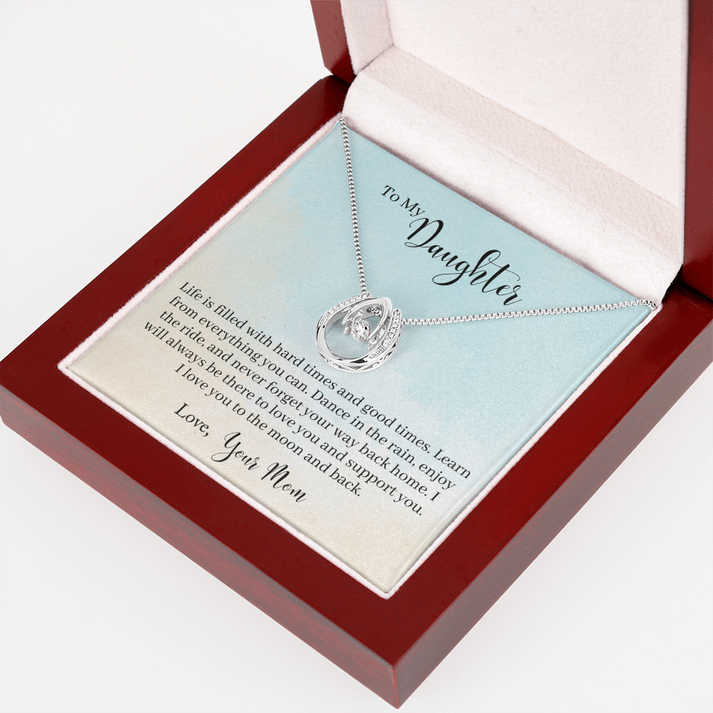 To My Daughter - Learn From Everything Lucky Horseshoe Necklace Message Card 14k w CZ Crystals-Express Your Love Gifts