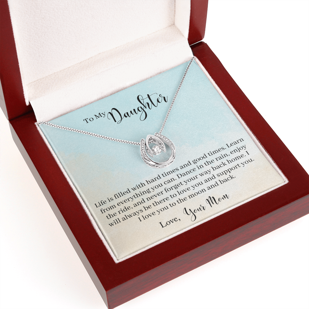 To My Daughter - Learn From Everything Lucky Horseshoe Necklace Message Card 14k w CZ Crystals-Express Your Love Gifts