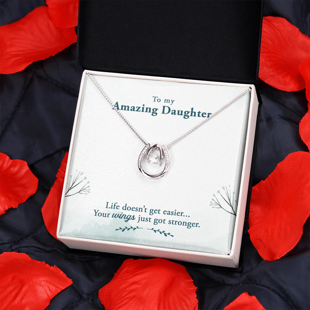 To My Daughter Life-doesn’t-get-easier Lucky Horseshoe Necklace Message Card 14k w CZ Crystals-Express Your Love Gifts