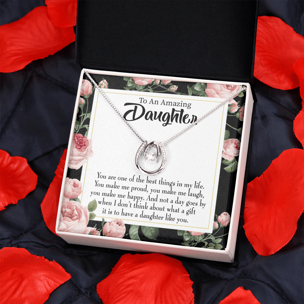 To My Daughter Like You Lucky Horseshoe Necklace Message Card 14k w CZ Crystals-Express Your Love Gifts
