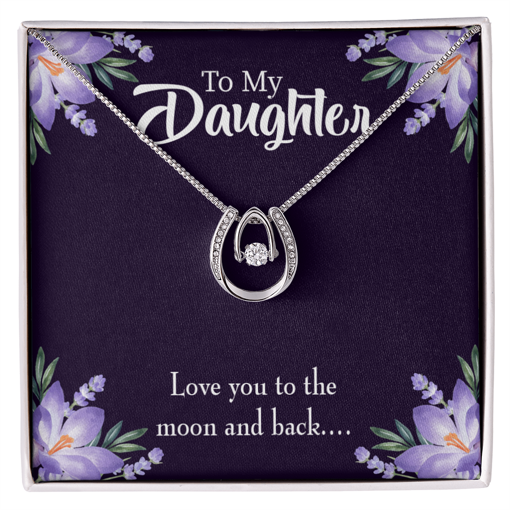 To My Daughter Love You to the Moon and Back Lucky Horseshoe Necklace Message Card 14k w CZ Crystals-Express Your Love Gifts