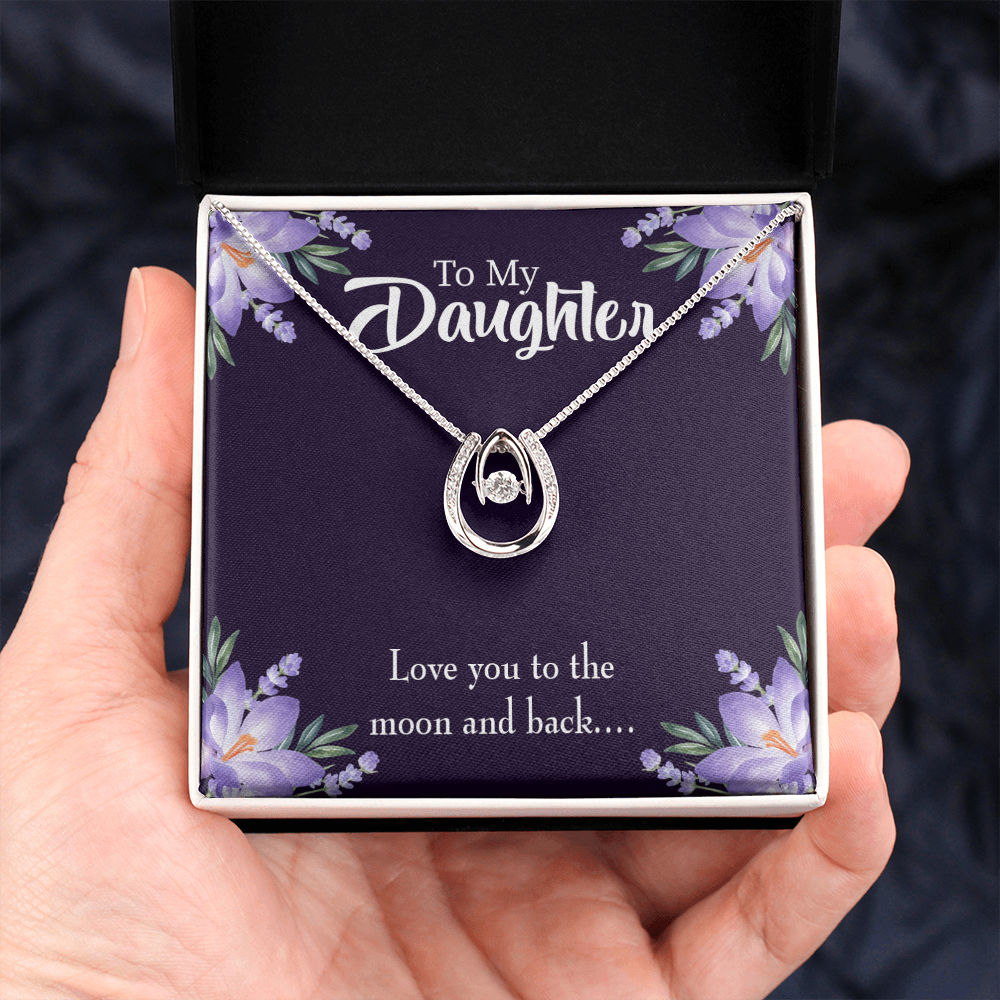 To My Daughter Love You to the Moon and Back Lucky Horseshoe Necklace Message Card 14k w CZ Crystals-Express Your Love Gifts