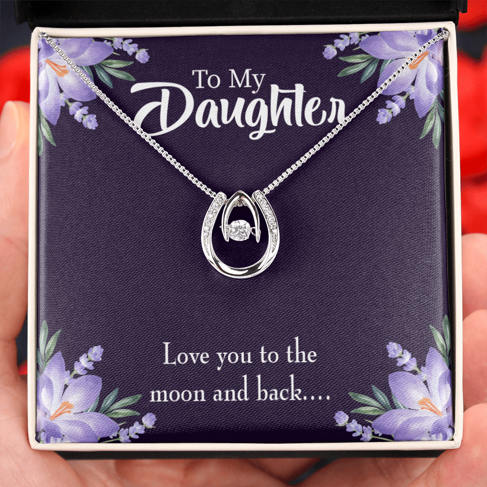 To My Daughter Love You to the Moon and Back Lucky Horseshoe Necklace Message Card 14k w CZ Crystals-Express Your Love Gifts