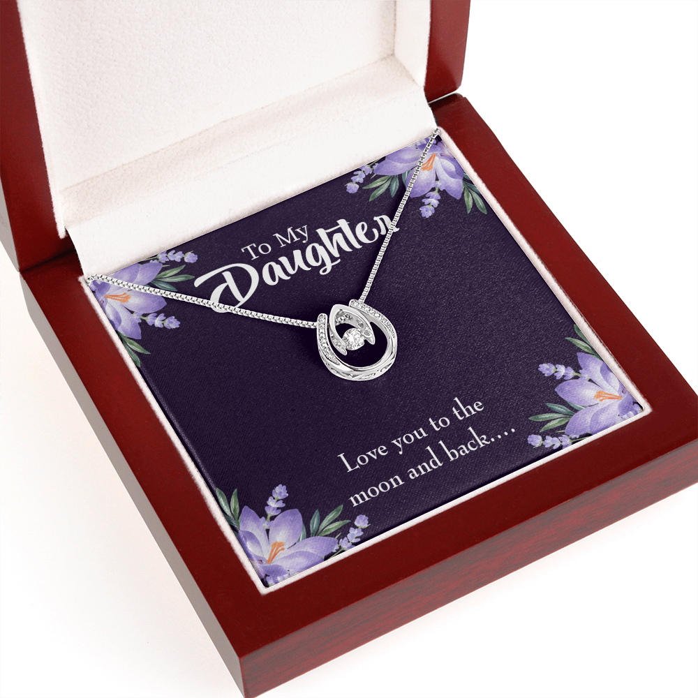 To My Daughter Love You to the Moon and Back Lucky Horseshoe Necklace Message Card 14k w CZ Crystals-Express Your Love Gifts