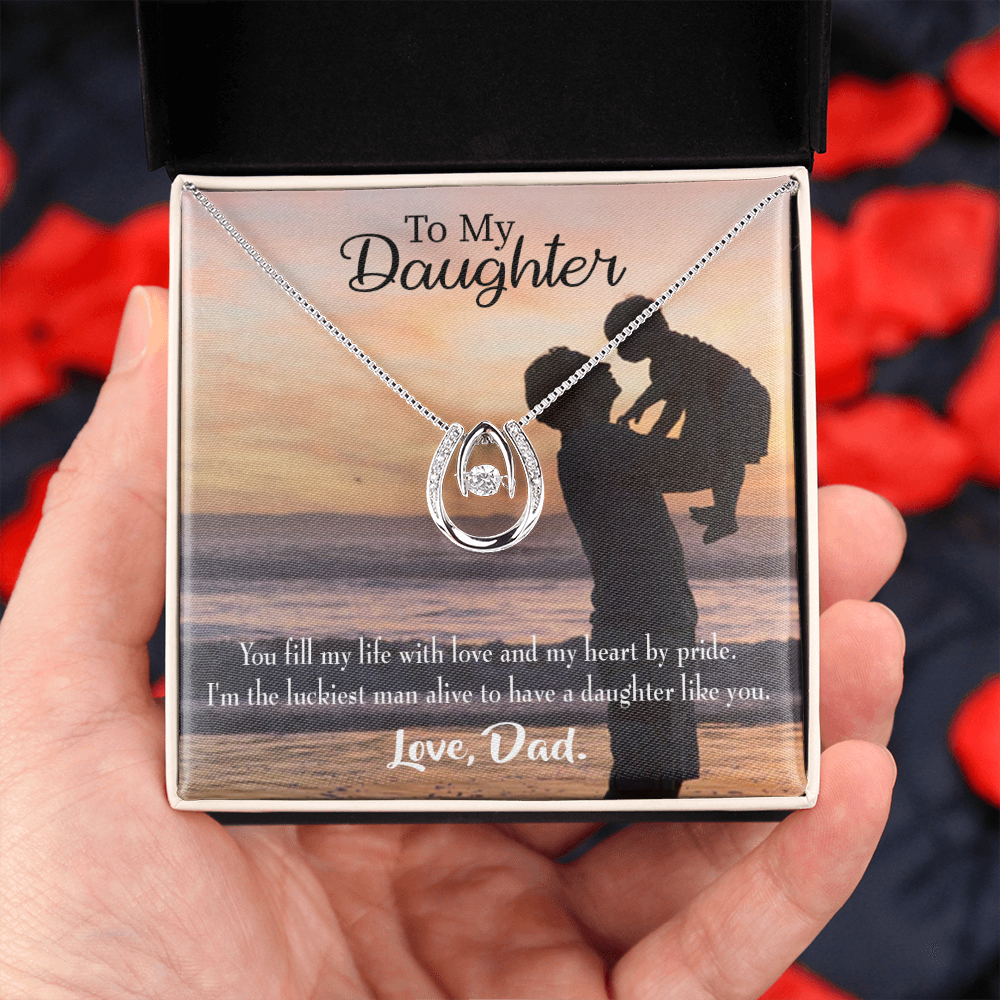 To My Daughter Luckiest Dad Lucky Horseshoe Necklace Message Card 14k w CZ Crystals-Express Your Love Gifts