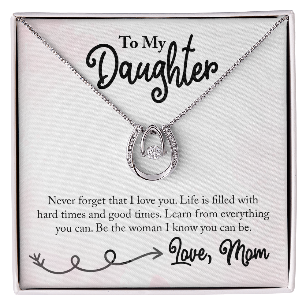 To My Daughter Lucky Horseshoe Necklace Message Card 14k w CZ Crystals-Express Your Love Gifts