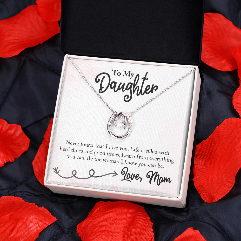 To My Daughter Lucky Horseshoe Necklace Message Card 14k w CZ Crystals-Express Your Love Gifts