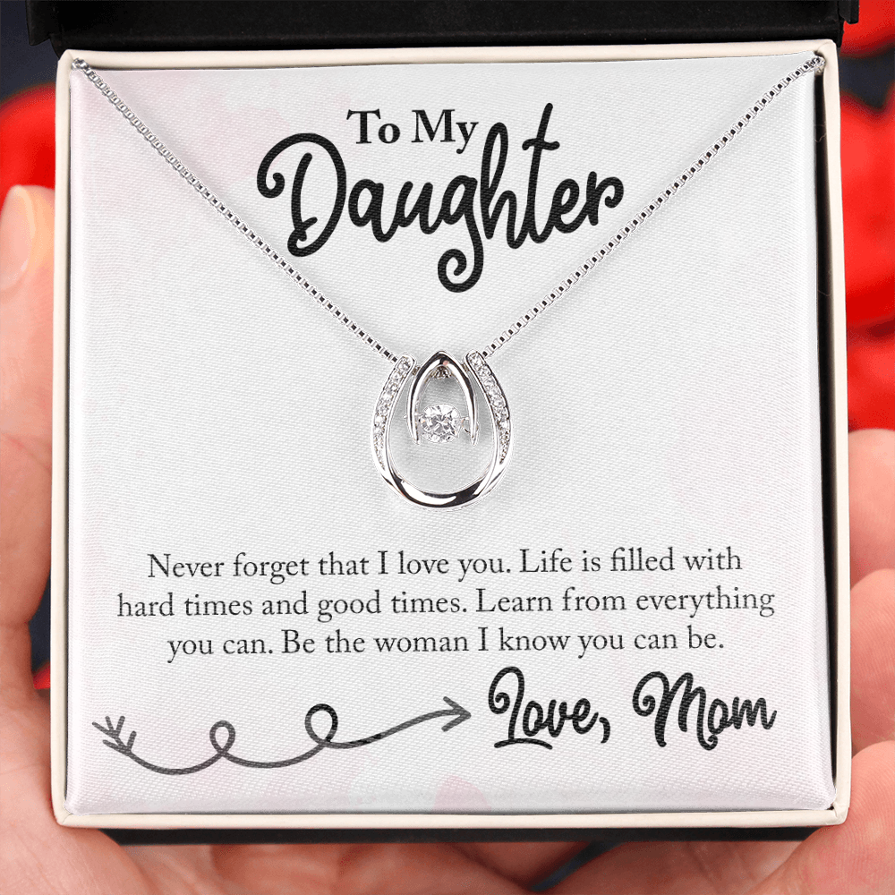 To My Daughter Lucky Horseshoe Necklace Message Card 14k w CZ Crystals-Express Your Love Gifts