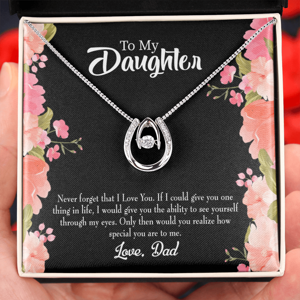 To My Daughter Never Forget Dad Lucky Horseshoe Necklace Message Card 14k w CZ Crystals-Express Your Love Gifts