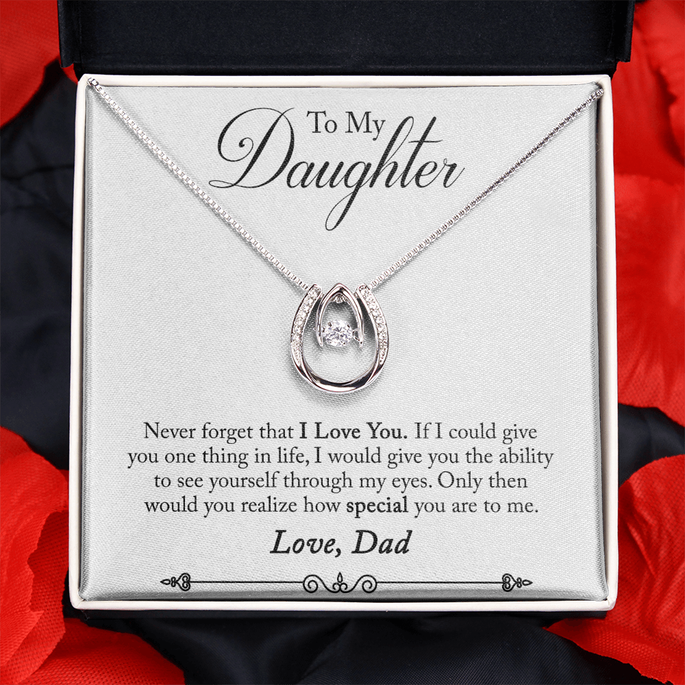 To My Daughter Never Forget From Dad White Lucky Horseshoe Necklace Message Card 14k w CZ Crystals-Express Your Love Gifts