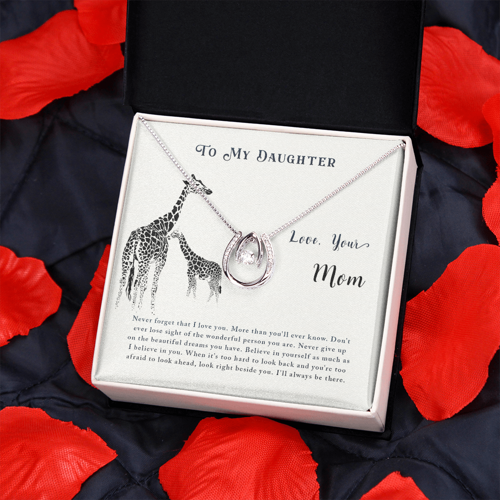To my daughter-Never forget that I love Lucky Horseshoe Necklace Message Card 14k w CZ Crystals-Express Your Love Gifts