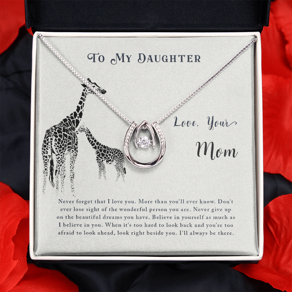 To my daughter-Never forget that I love Lucky Horseshoe Necklace Message Card 14k w CZ Crystals-Express Your Love Gifts