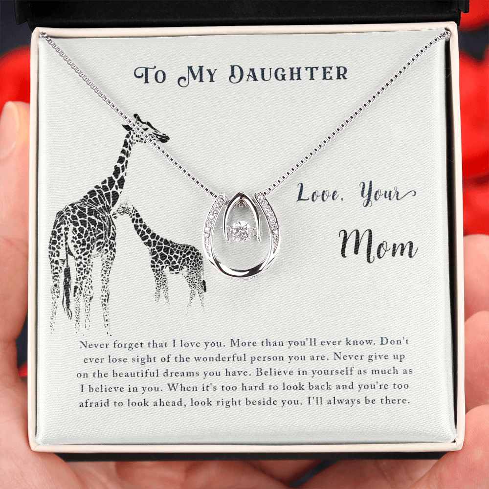 To my daughter-Never forget that I love Lucky Horseshoe Necklace Message Card 14k w CZ Crystals-Express Your Love Gifts