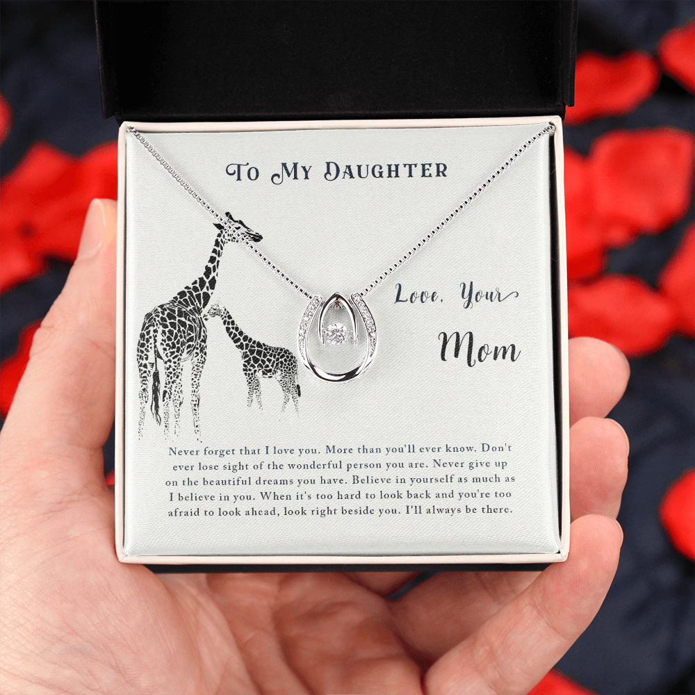 To my daughter-Never forget that I love Lucky Horseshoe Necklace Message Card 14k w CZ Crystals-Express Your Love Gifts