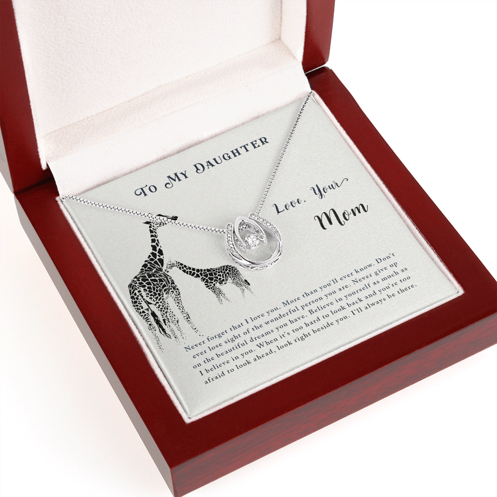 To my daughter-Never forget that I love Lucky Horseshoe Necklace Message Card 14k w CZ Crystals-Express Your Love Gifts