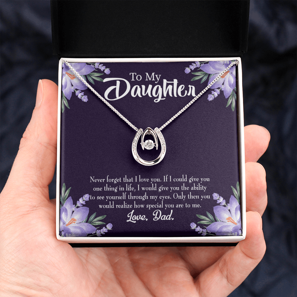 To My Daughter Never Forget That I Love You From Dad Lucky Horseshoe Necklace Message Card 14k w CZ Crystals-Express Your Love Gifts