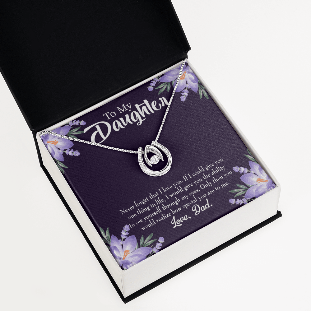 To My Daughter Never Forget That I Love You From Dad Lucky Horseshoe Necklace Message Card 14k w CZ Crystals-Express Your Love Gifts