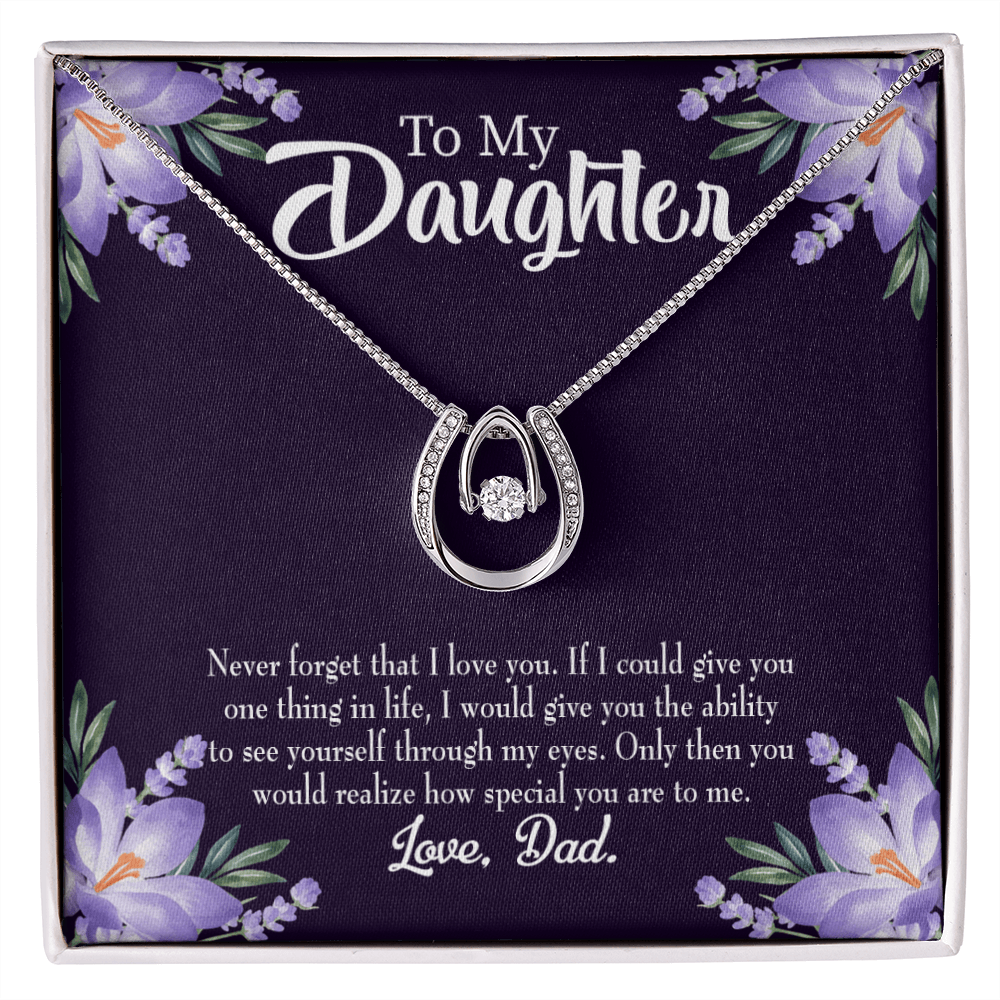 To My Daughter Never Forget That I Love You From Dad Lucky Horseshoe Necklace Message Card 14k w CZ Crystals-Express Your Love Gifts