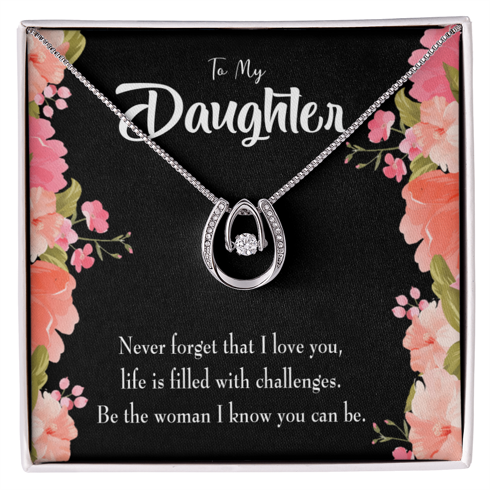 To My Daughter Never Forget That I Love You Lucky Horseshoe Necklace Message Card 14k w CZ Crystals-Express Your Love Gifts