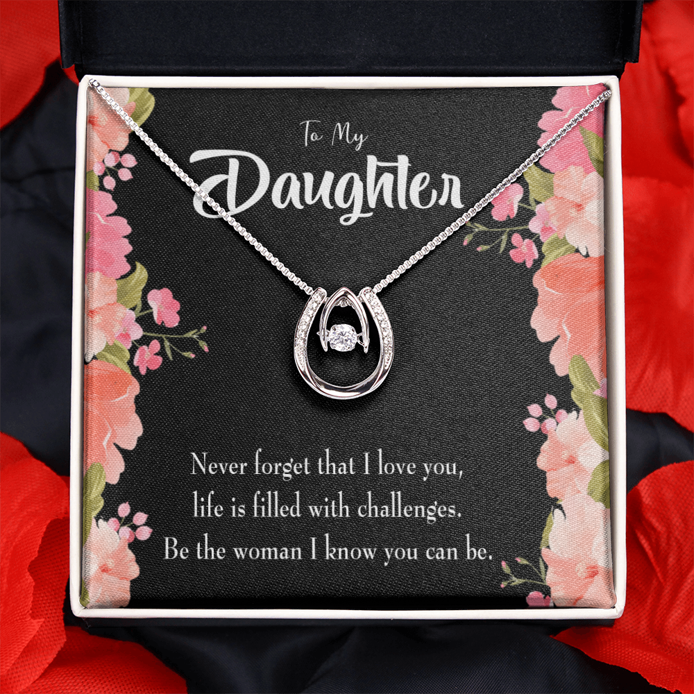 To My Daughter Never Forget That I Love You Lucky Horseshoe Necklace Message Card 14k w CZ Crystals-Express Your Love Gifts