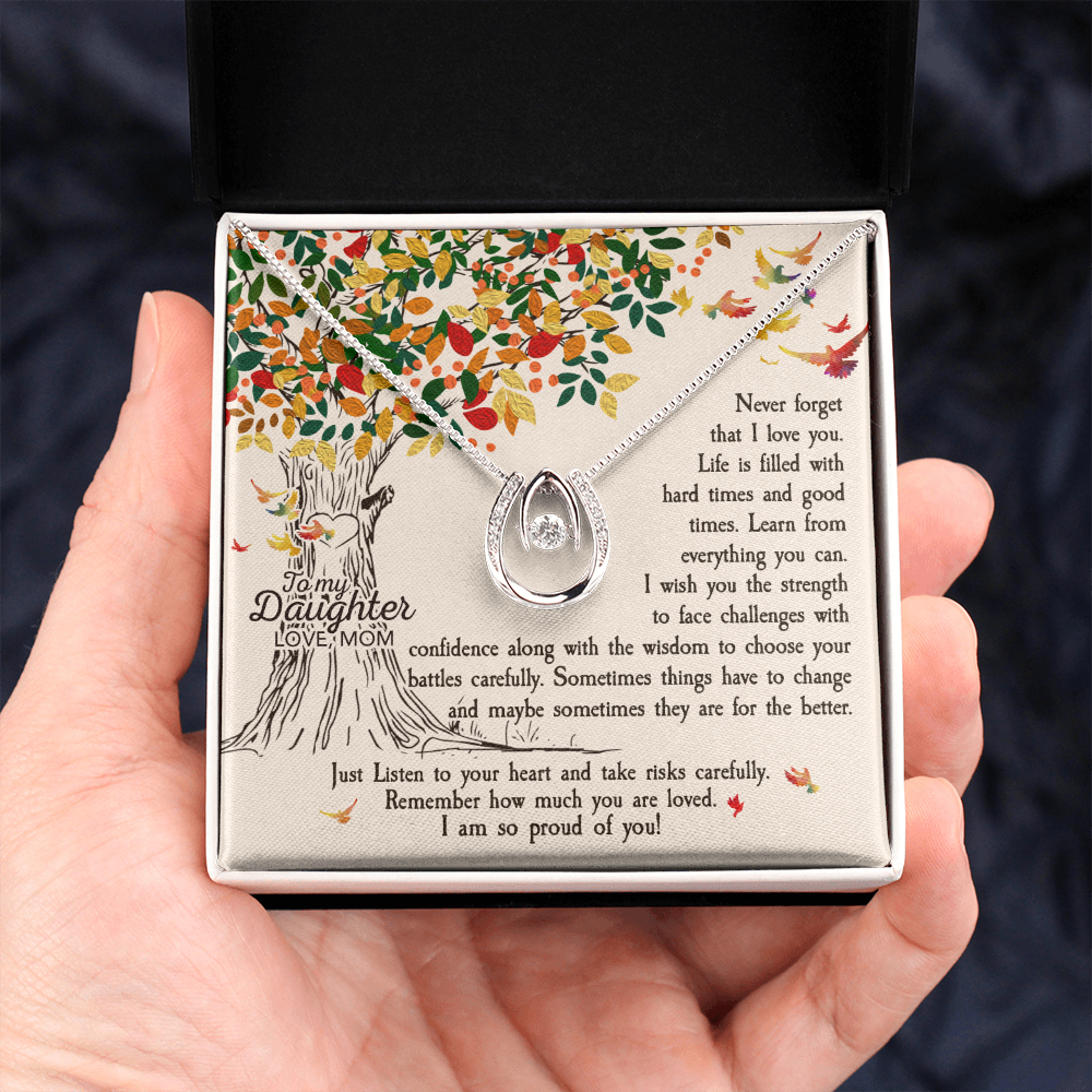 To My Daughter Never Forget That I Love You -Tree Revised Lucky Horseshoe Necklace Message Card 14k w CZ Crystals-Express Your Love Gifts