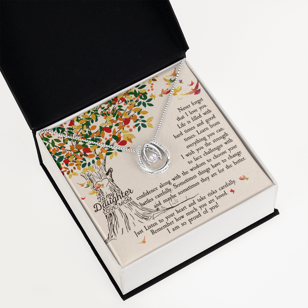 To My Daughter Never Forget That I Love You -Tree Revised Lucky Horseshoe Necklace Message Card 14k w CZ Crystals-Express Your Love Gifts