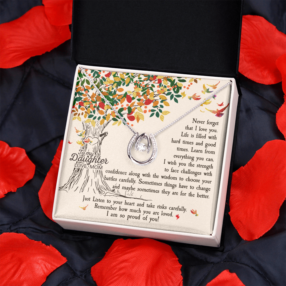 To My Daughter Never Forget That I Love You -Tree Revised Lucky Horseshoe Necklace Message Card 14k w CZ Crystals-Express Your Love Gifts
