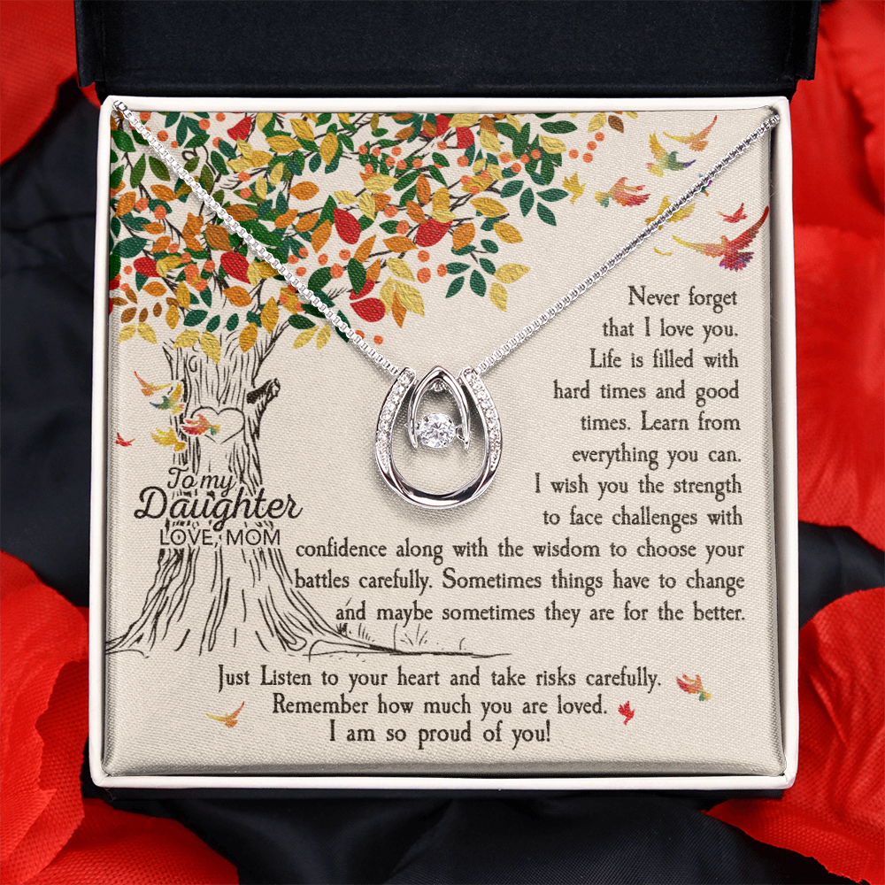 To My Daughter Never Forget That I Love You -Tree Revised Lucky Horseshoe Necklace Message Card 14k w CZ Crystals-Express Your Love Gifts