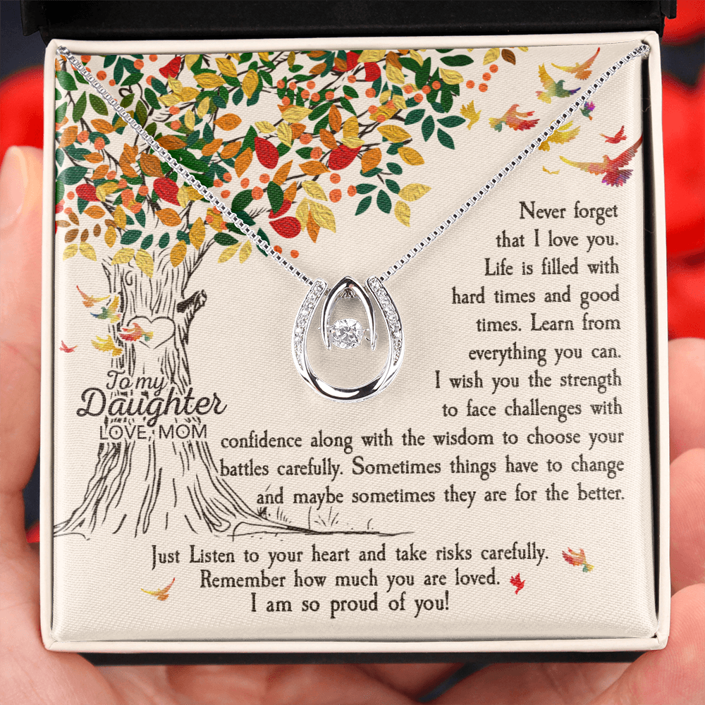 To My Daughter Never Forget That I Love You -Tree Revised Lucky Horseshoe Necklace Message Card 14k w CZ Crystals-Express Your Love Gifts