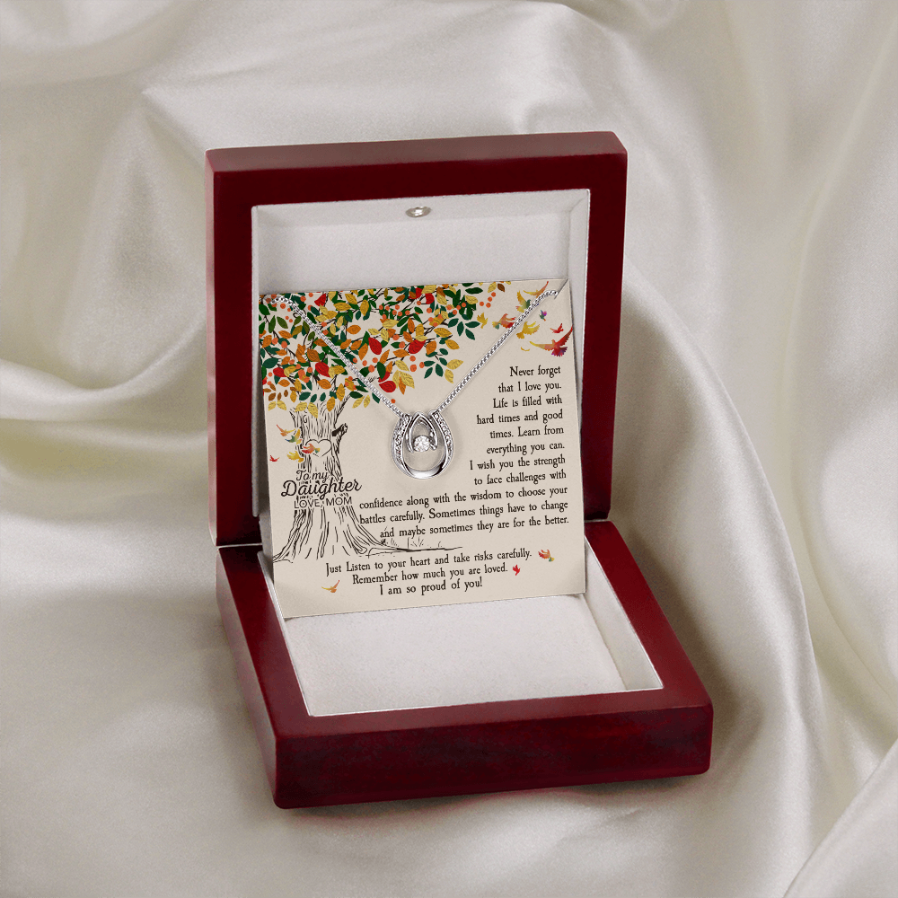 To My Daughter Never Forget That I Love You -Tree Revised Lucky Horseshoe Necklace Message Card 14k w CZ Crystals-Express Your Love Gifts