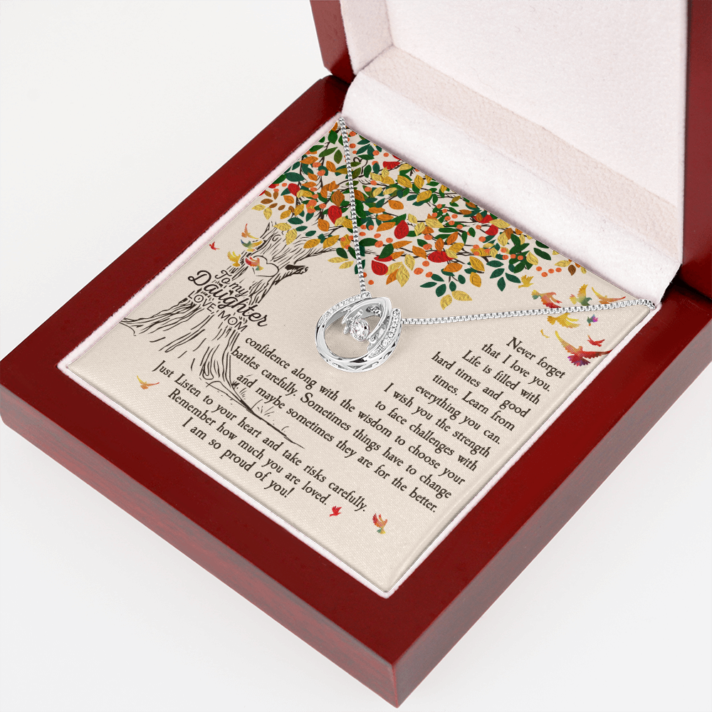 To My Daughter Never Forget That I Love You -Tree Revised Lucky Horseshoe Necklace Message Card 14k w CZ Crystals-Express Your Love Gifts