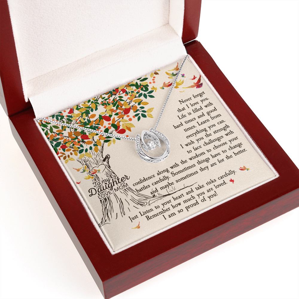 To My Daughter Never Forget That I Love You -Tree Revised Lucky Horseshoe Necklace Message Card 14k w CZ Crystals-Express Your Love Gifts