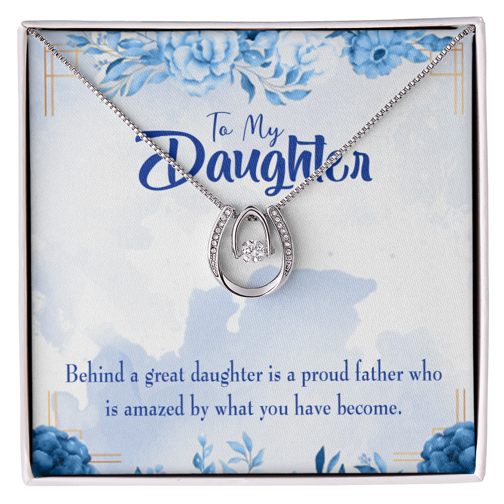 To My Daughter Proud Father Lucky Horseshoe Necklace Message Card 14k w CZ Crystals-Express Your Love Gifts