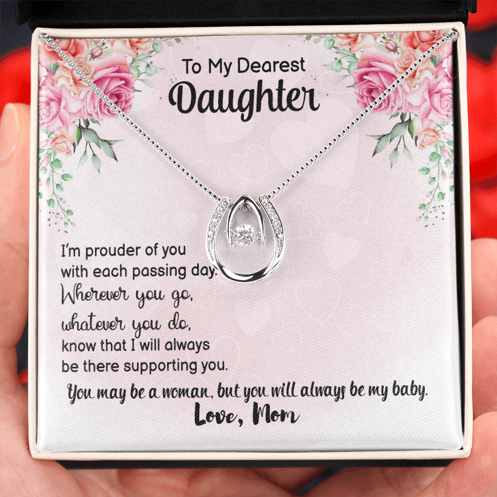 To My Daughter Prouder of You From Mom Lucky Horseshoe Necklace Message Card 14k w CZ Crystals-Express Your Love Gifts