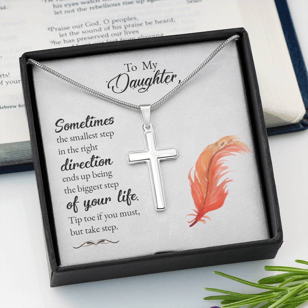 To My Daughter Smallest Step Cross Card Necklace w Stainless Steel Pendant-Express Your Love Gifts