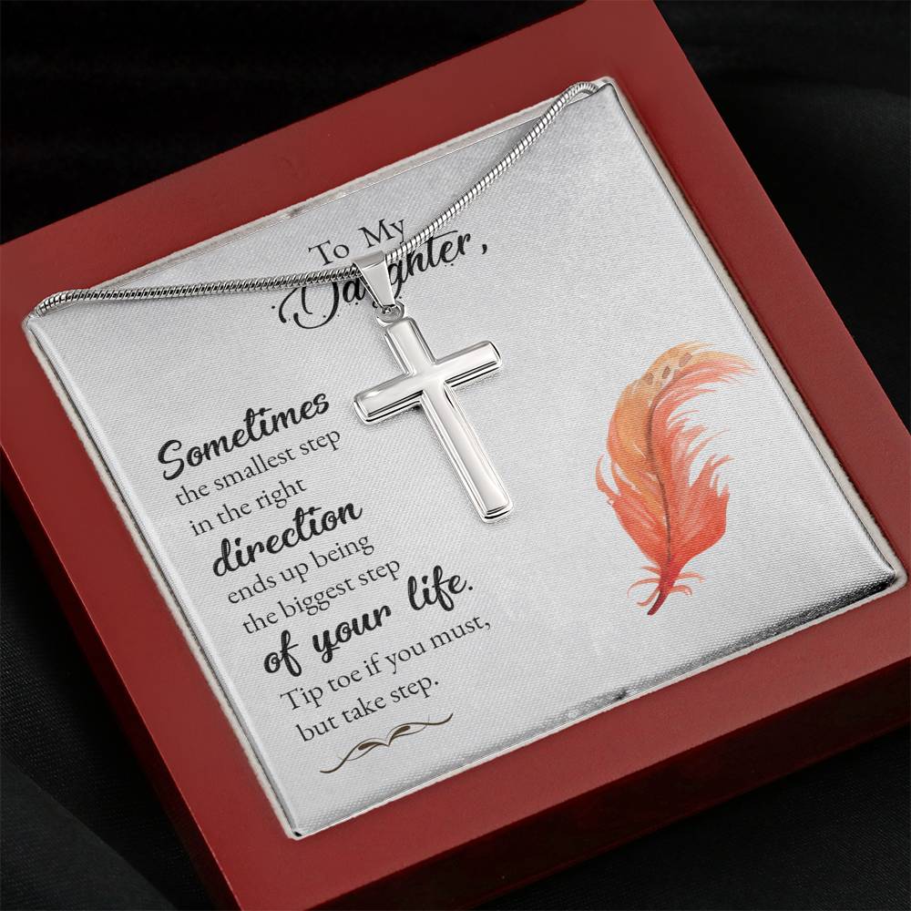 To My Daughter Smallest Step Cross Card Necklace w Stainless Steel Pendant-Express Your Love Gifts