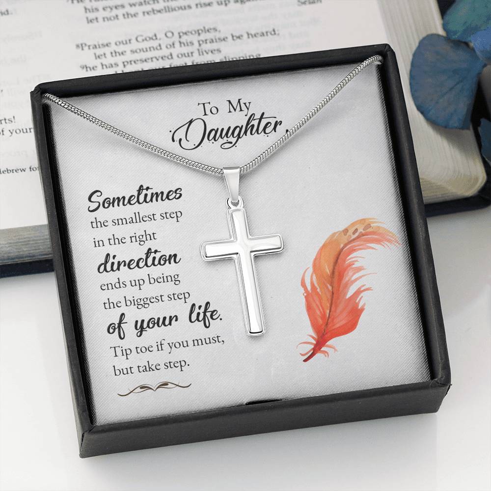 To My Daughter Smallest Step Cross Card Necklace w Stainless Steel Pendant-Express Your Love Gifts