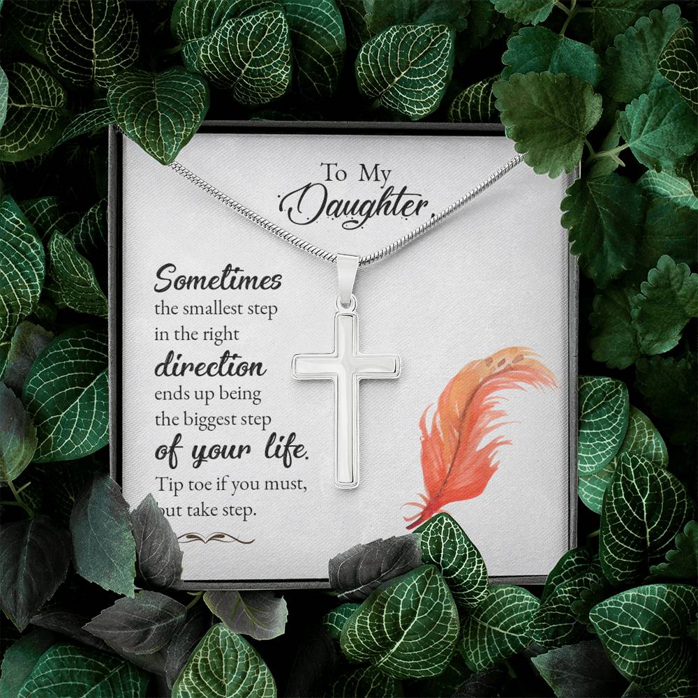 To My Daughter Smallest Step Cross Card Necklace w Stainless Steel Pendant-Express Your Love Gifts