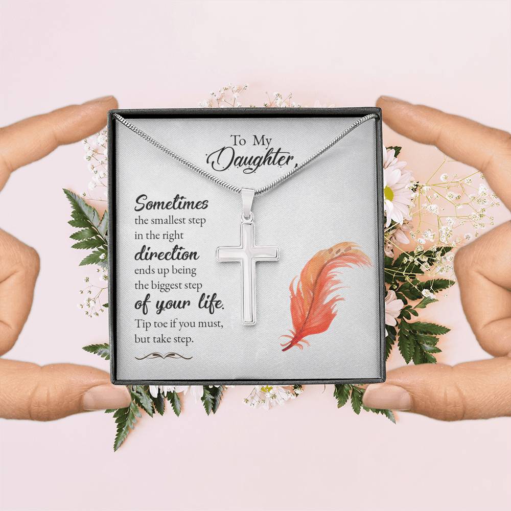 To My Daughter Smallest Step Cross Card Necklace w Stainless Steel Pendant-Express Your Love Gifts