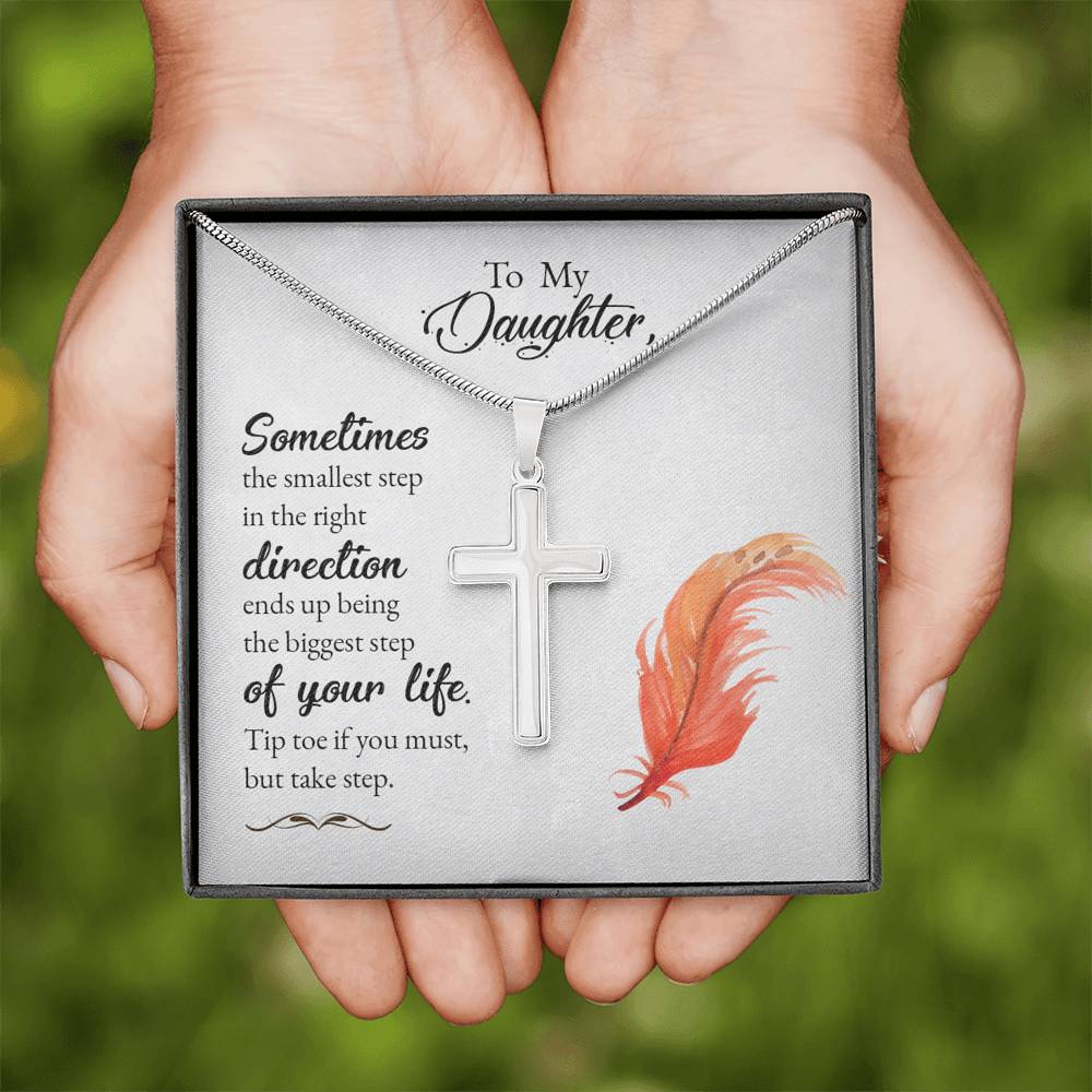 To My Daughter Smallest Step Cross Card Necklace w Stainless Steel Pendant-Express Your Love Gifts