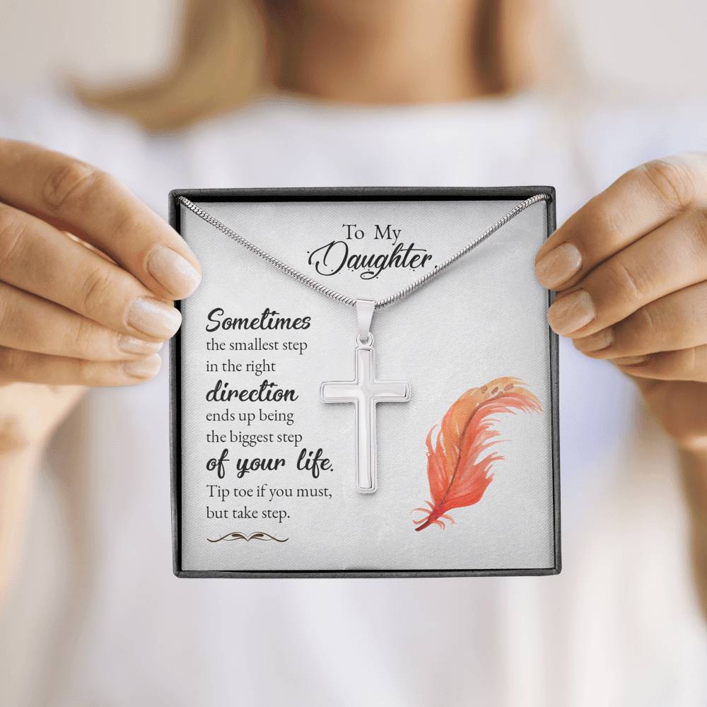 To My Daughter Smallest Step Cross Card Necklace w Stainless Steel Pendant-Express Your Love Gifts