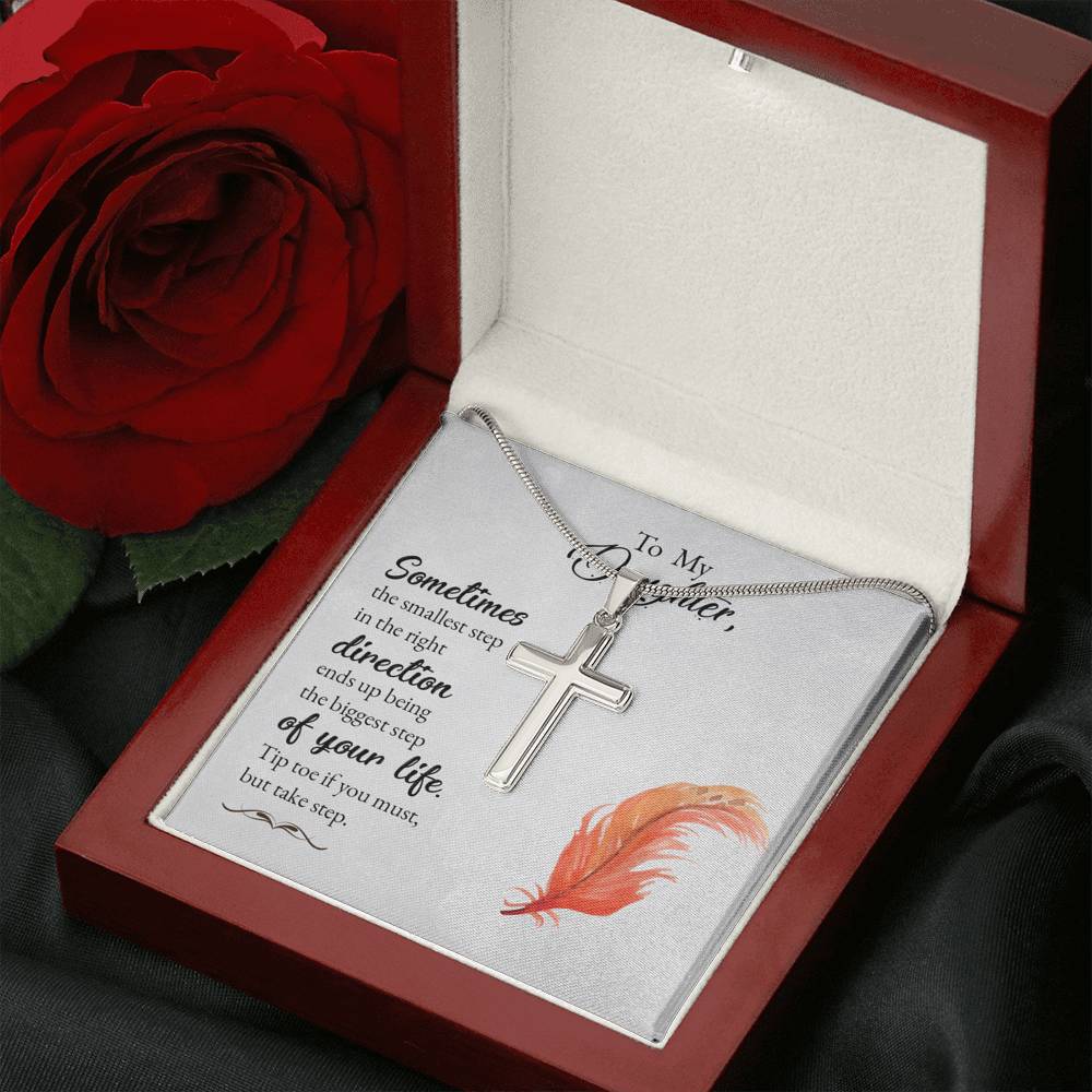 To My Daughter Smallest Step Cross Card Necklace w Stainless Steel Pendant-Express Your Love Gifts