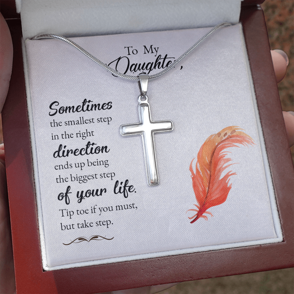 To My Daughter Smallest Step Cross Card Necklace w Stainless Steel Pendant-Express Your Love Gifts