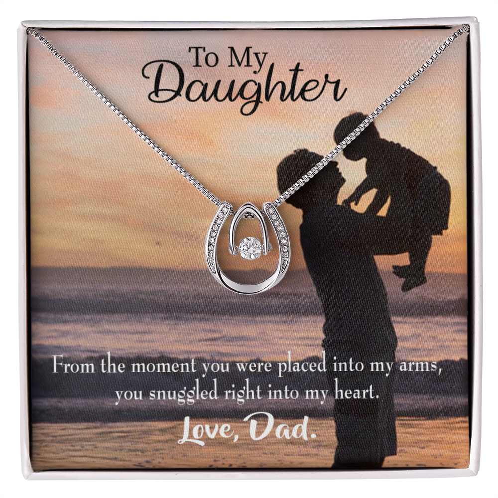 To My Daughter Snuggled into Dad's Heart Lucky Horseshoe Necklace Message Card 14k w CZ Crystals-Express Your Love Gifts